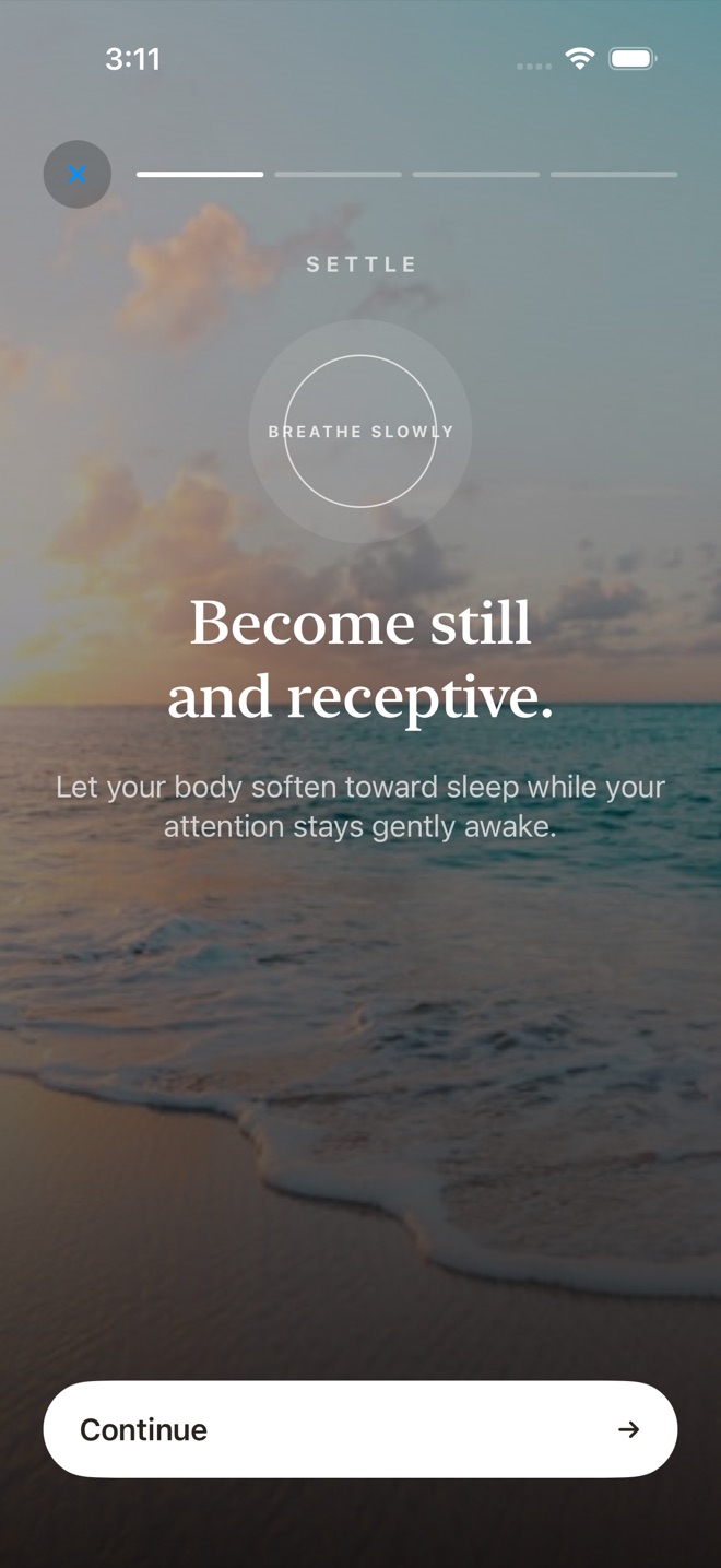 now guided ritual screen prompting the user to settle and breathe slowly