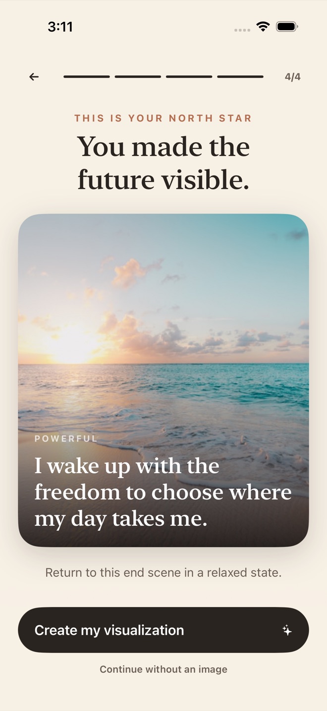The now app showing a North Star vision over a beach scene